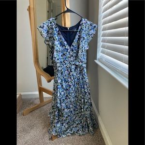 Tommy Hilfiger Floral Print Chiffon Ruffle V-Neck Cap Sleeve Dress
